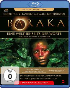 Blu-ray-Cover: 'Baraka'. Zeigt ein Mädchengesicht und Dschungellaub. Blauer Hintergrund.