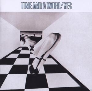 Time and a Word/Yes Albumcover. Frauenbeine in Schuhen, Schachbrettboden und surreale Landschaft.