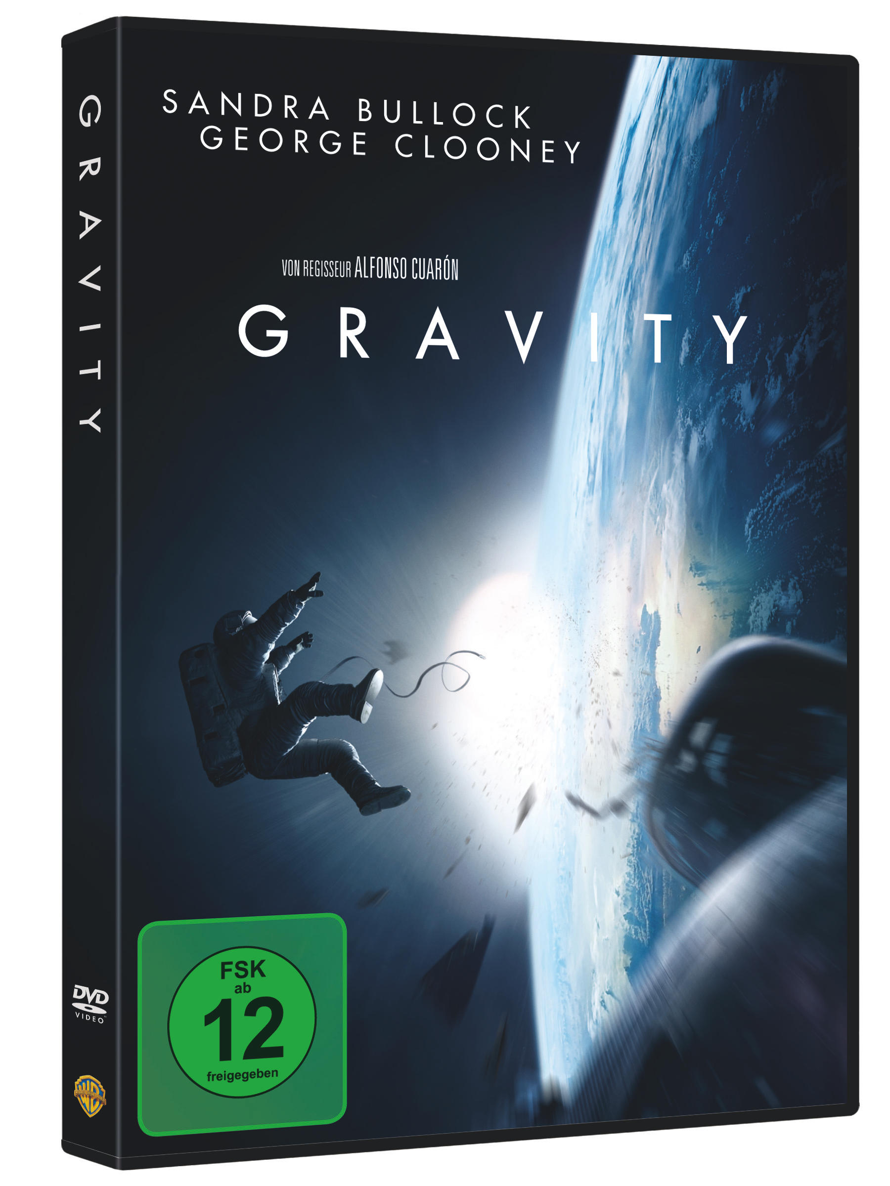 Gravity DVD-Cover. Astronaut im Weltraum schwebend, Erde im Hintergrund.