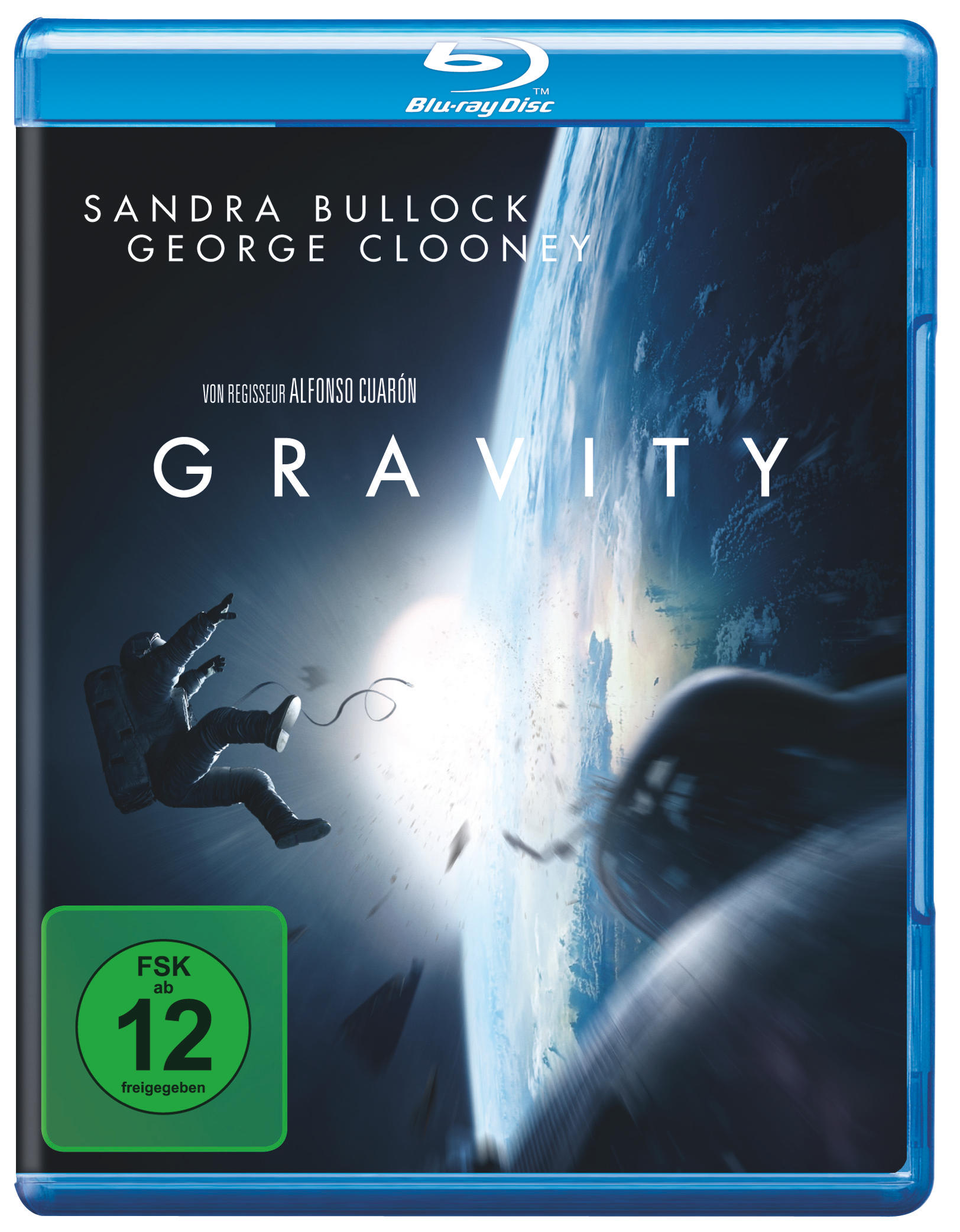 Blu-ray-Cover von 'Gravity', Astronaut im Weltraum schwebend, Erde im Hintergrund.