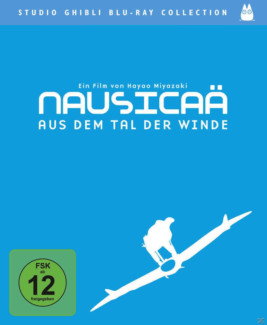 Blaues Filmcover mit einer Silhouette, Text 'Nausicaä aus dem Tal der Winde' und Logo.