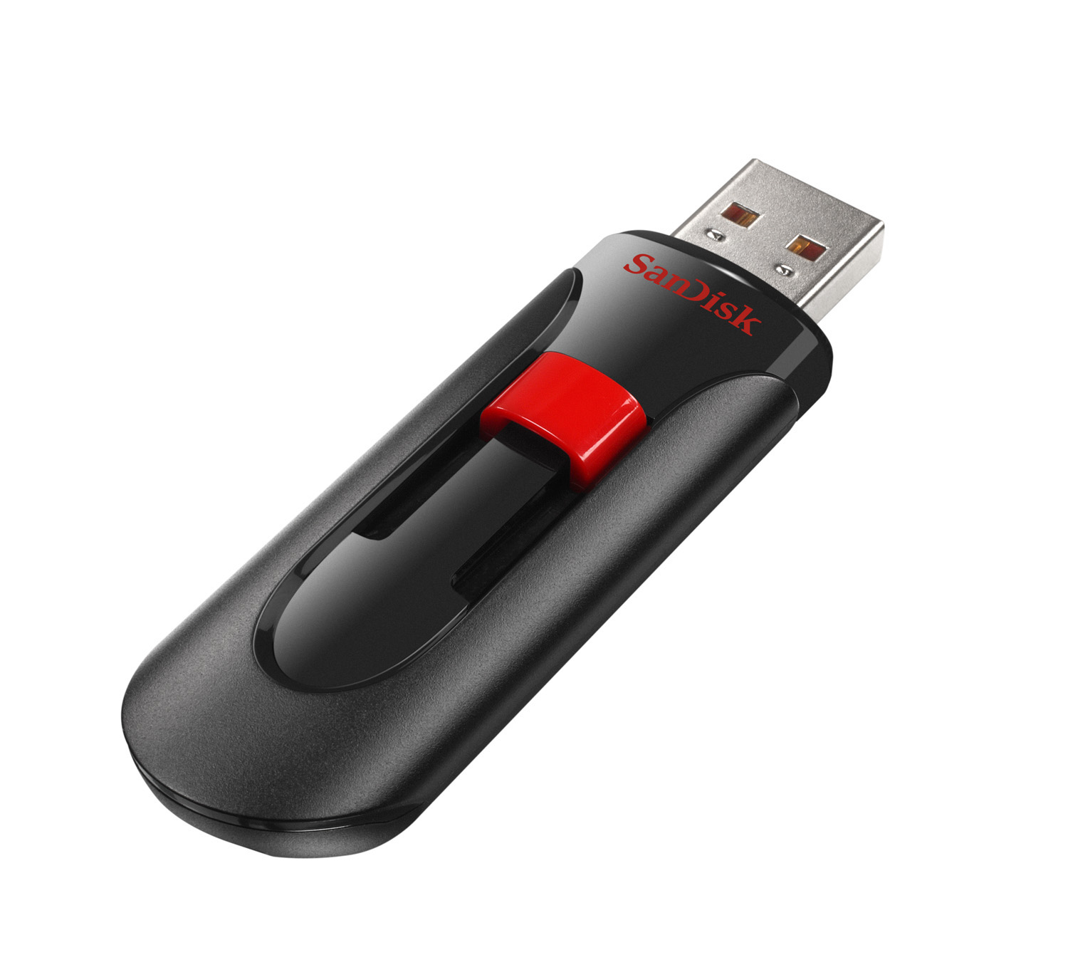 Ein schwarzer und roter SanDisk USB-Stick auf weißem Hintergrund, von oben schräg betrachtet.