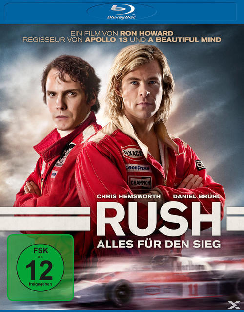 DVD-Cover des Films 'RUSH' mit zwei Männern in Rennanzügen und einem Auto auf der Strecke.