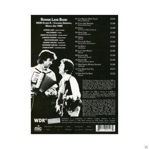 Ronnie Lane Band Albumcover. Zwei Männer mit Instrumenten auf weißem Hintergrund.