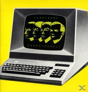 Kraftwerks Albumcover mit einem Computer und den Gesichtern der Bandmitglieder auf gelbem Hintergrund.