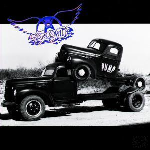Albumcover: Aerosmith-Logo und zwei schwarze Lastwagen, einer auf dem anderen, mit 'PUMP' geschrieben.