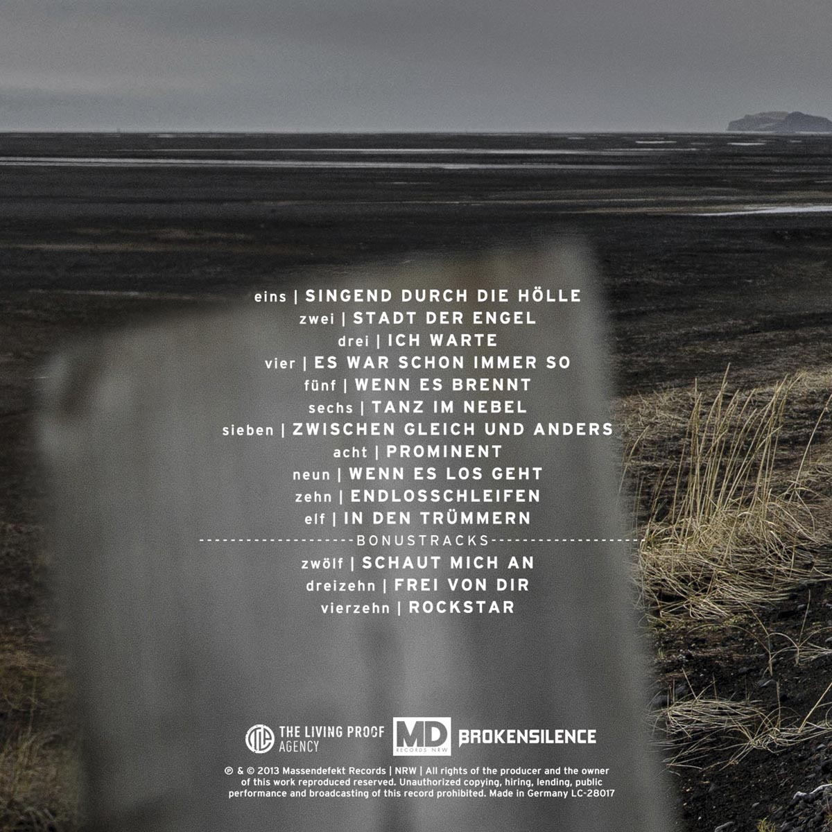 Album-Rückseite mit Songtiteln und einem verschwommenen Landschaftsfoto.