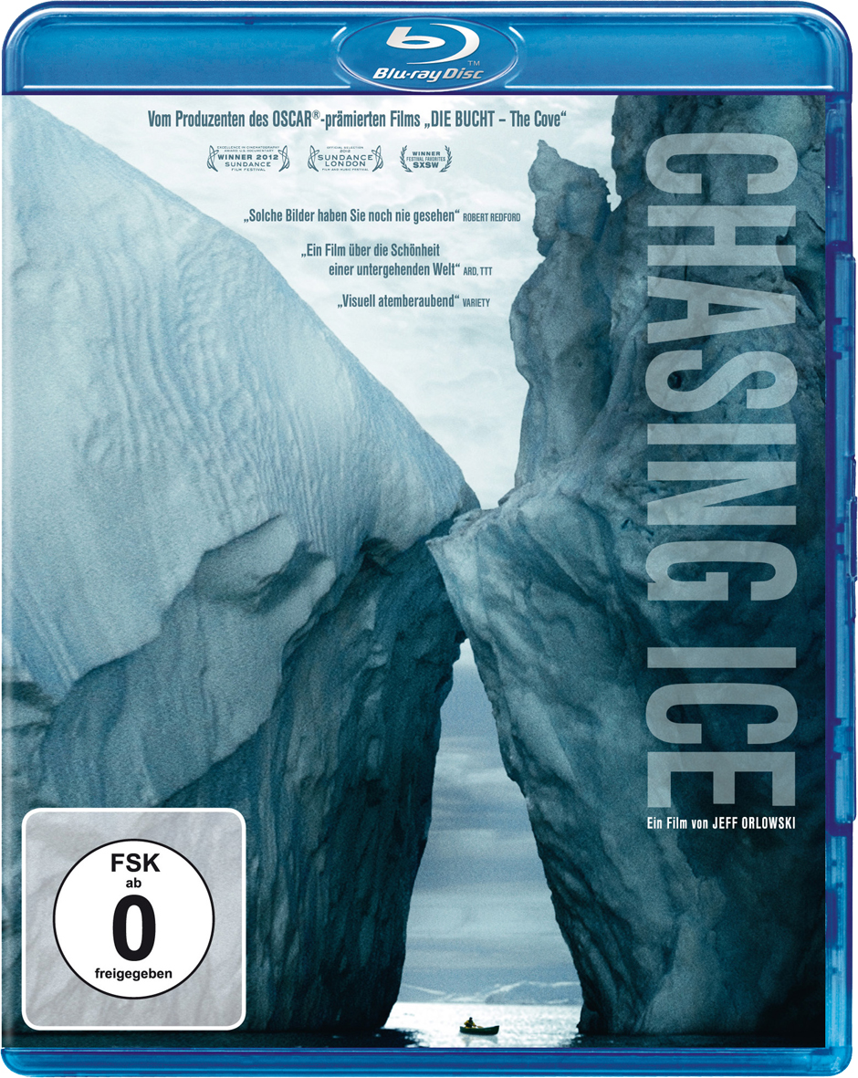 Blu-ray-Cover: Eisberge und eine Kluft. Titel: Chasing Ice. Blaue und weiße Farben.