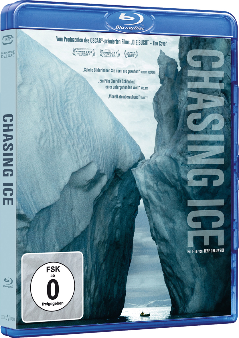 Blu-ray-Cover: Zwei Eisberge im Ozean. Kleines Boot im Wasser. Blauer Himmel.