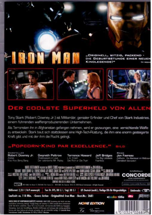 DVD-Hülle für den Iron Man-Film mit Bildern der Schauspieler und Text.