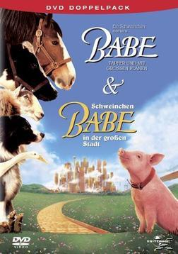 Filmplakat. Tiere und Gebäude, Text auf blauem Hintergrund. Babe und Babe.
