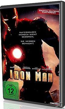 Iron Man DVD-Hülle. Das Poster zeigt Iron Man. Text: 'Superhelden werden nicht geboren, sie werden gemacht!'.