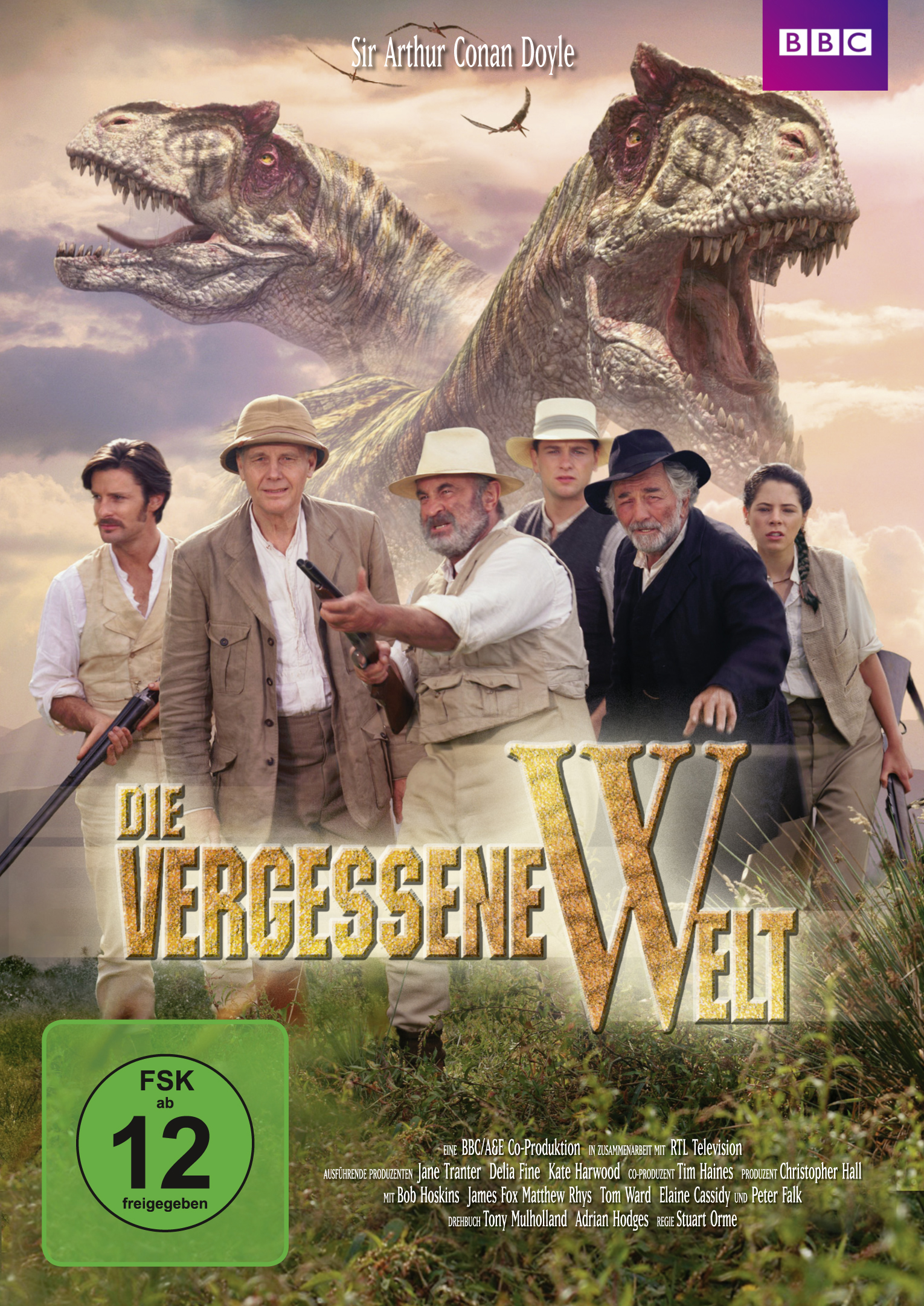 DVD-Cover für den Film 'Die Vergessene Welt'. Es zeigt Männer in alten Kleidern vor Dinosauriern. Der Himmel ist im Hintergrund.
