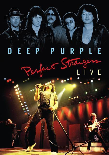 Deep Purple 'Perfect Strangers Live' Albumcover. Bandmitglieder oben, Live-Konzert unten.