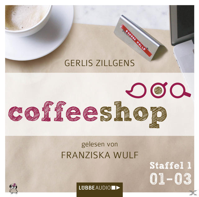 Buchcover: Eine Kaffeetasse, ein Namensschild und Text in Braun und Pink auf hellem Hintergrund.