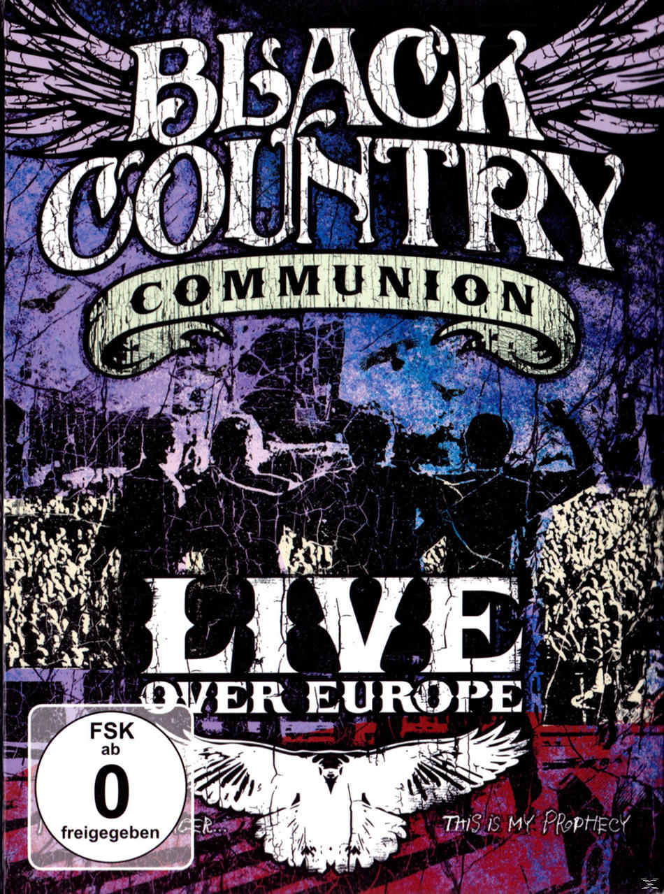 Black Country Communion Live Over Europe Albumcover. Band-Silhouetten auf lila Hintergrund.