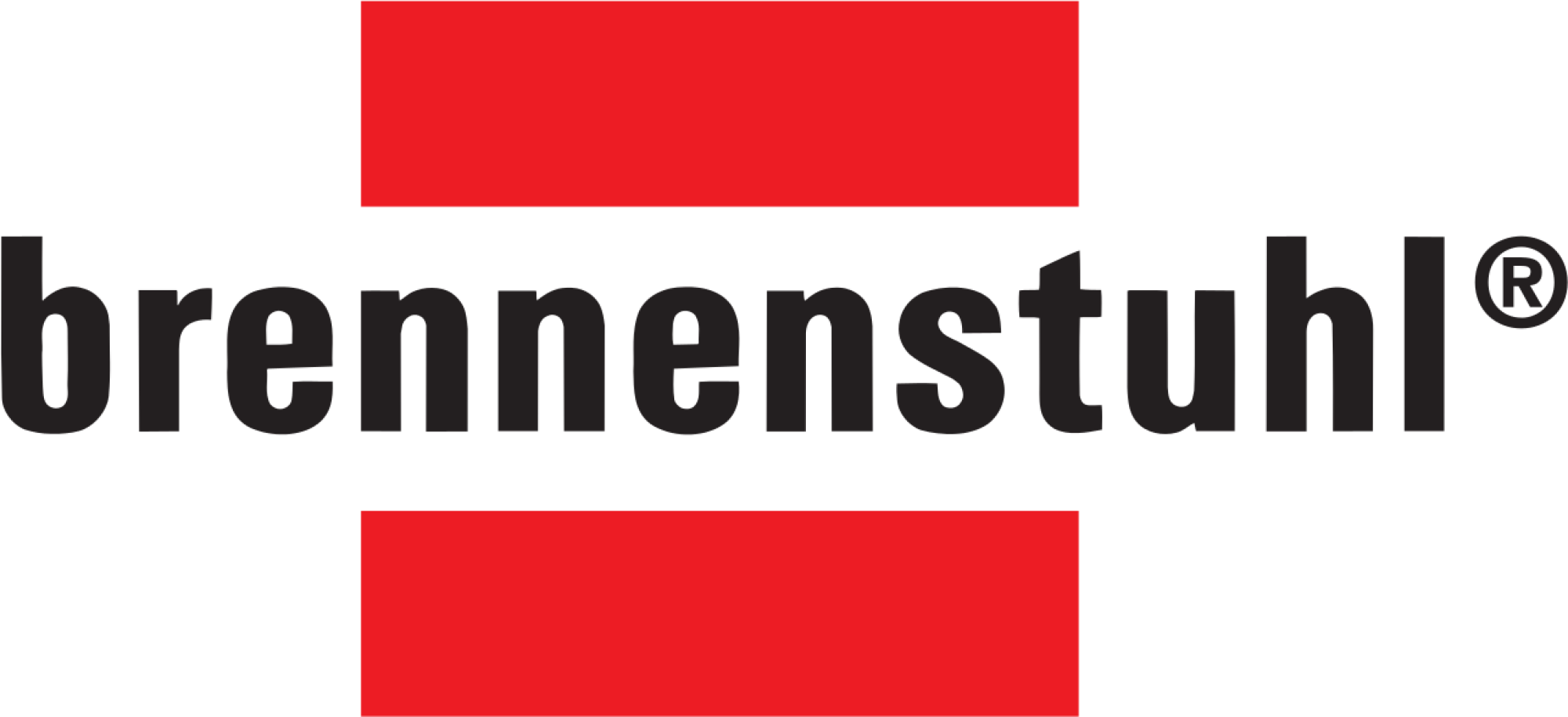 Das Brennenstuhl-Logo auf schwarzem Hintergrund. Es hat den Text 'brennenstuhl' in Grau und zwei rote Rechtecke.