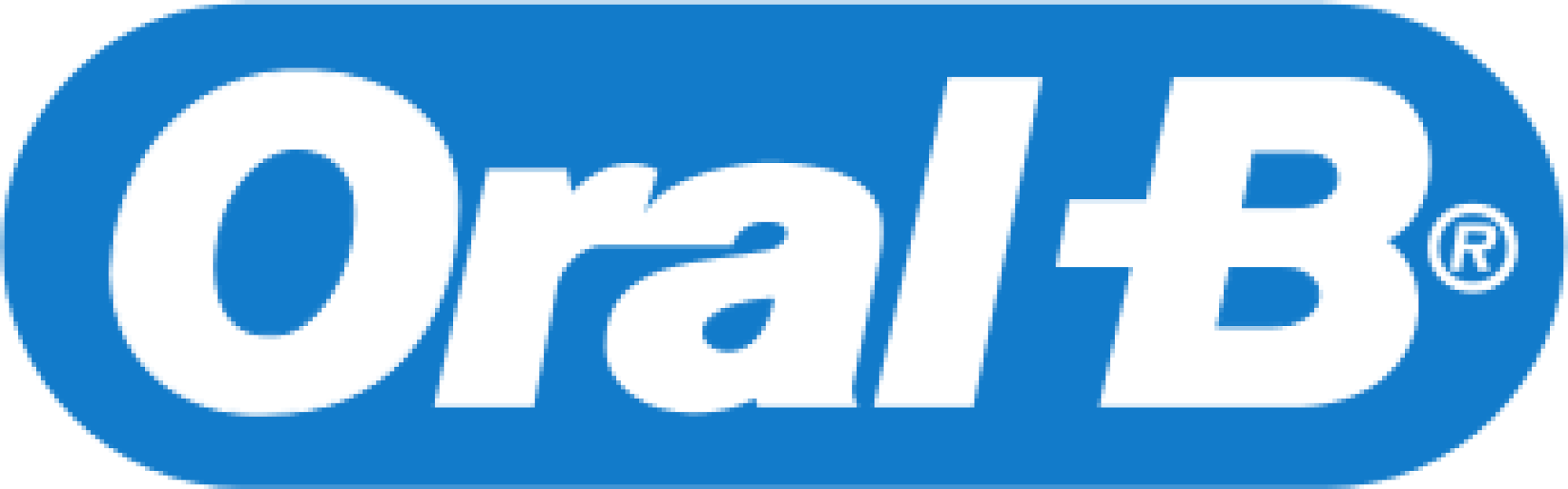 Logo Oral-B zawiera biały tekst na niebieskim owalnym tle. Tekst brzmi „Oral B” ze znakiem zarejestrowanego znaku towarowego.