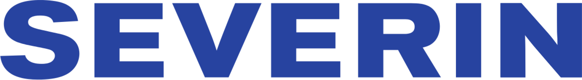 Logo 'SEVERIN' jest w pogrubionych, niebieskich wielkich literach na czarnym tle.