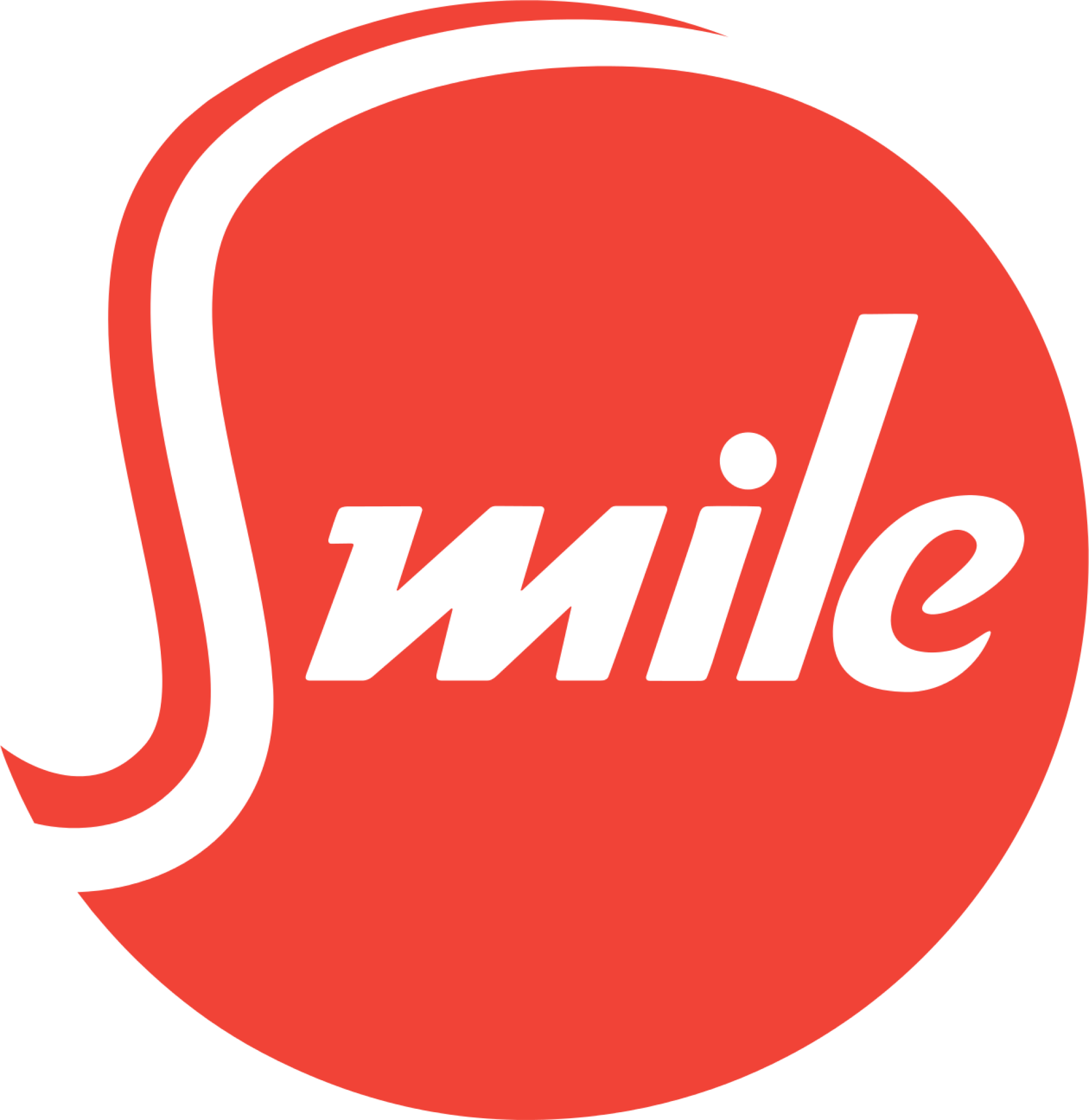 Logo Smile, biały tekst na czerwonym tle. 'S' zakręca wokół słowa.
