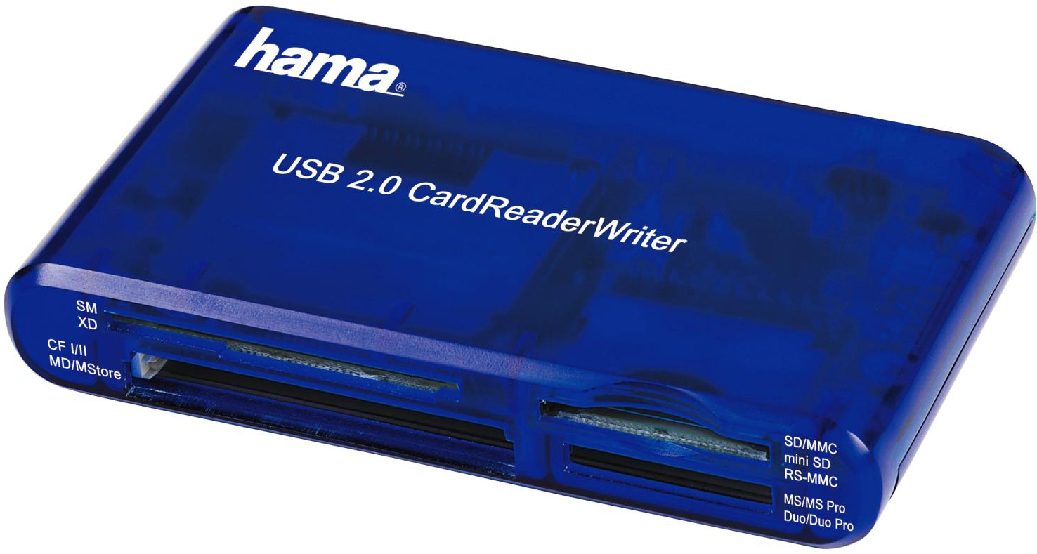 A blue USB 2.0 card reader/writer with slots for different card types.