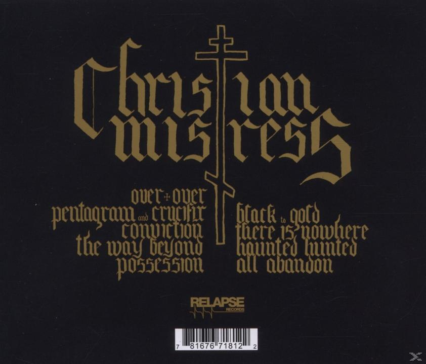 Albumcover: Christian Mistress, schwarzer Hintergrund, goldener Text, Kreuz, religiöses Thema, gotischer Stil.