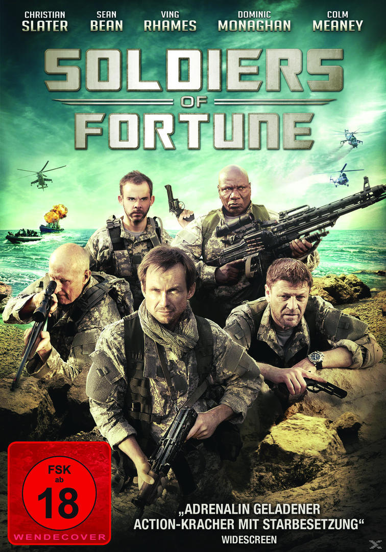 Filmcover. Soldaten in Tarnung mit Waffen. Titel: Soldiers of Fortune.