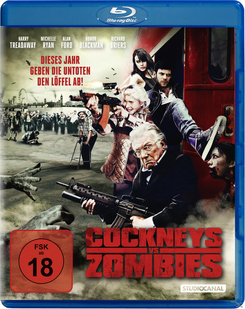Blu-ray-Cover von 'Cockneys vs Zombies'. Leute schießen mit Waffen; eine Zombiehand ist links.