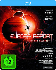 Europa Report Blu-ray-Cover. Eine Person schwebt im Weltraum, Planeten im Hintergrund.