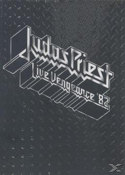 Albumcover mit 'Judas Priest Live Vengeance '82' im metallischen 3D-Stil auf strukturiertem Hintergrund.