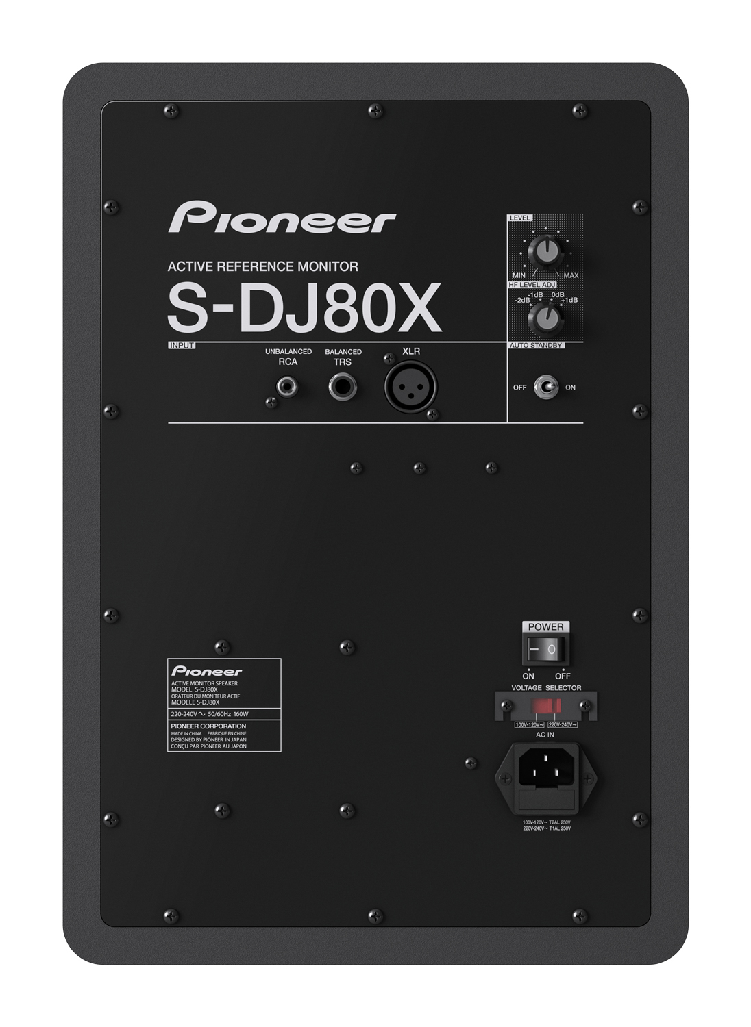 Schwarzer Pioneer S-DJ80X aktiver Referenzmonitor. Er hat Strom-, Lautstärke- und Eingangsregler.