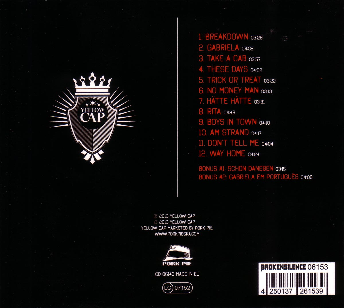 Gelbes Kappenlogo mit Songliste und Barcode auf schwarzem Hintergrund.