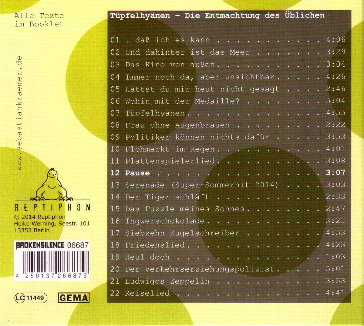 Album-Trackliste: Eine Liste von Titeln, mit einer Vogelillustration und dem Text 'Reptiphon'.