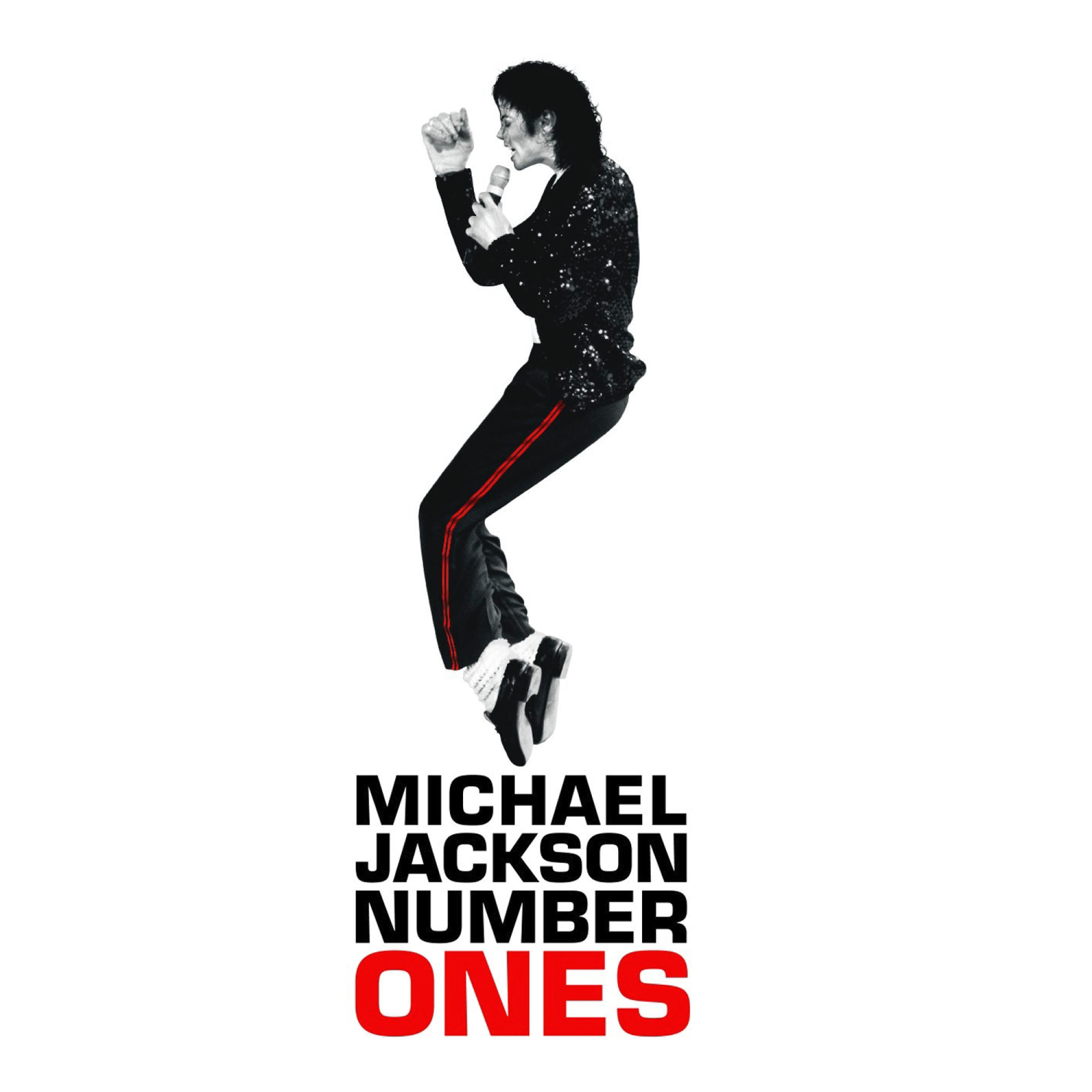 Michael Jackson in de lucht, zwarte outfit, witte achtergrond, albumhoes.