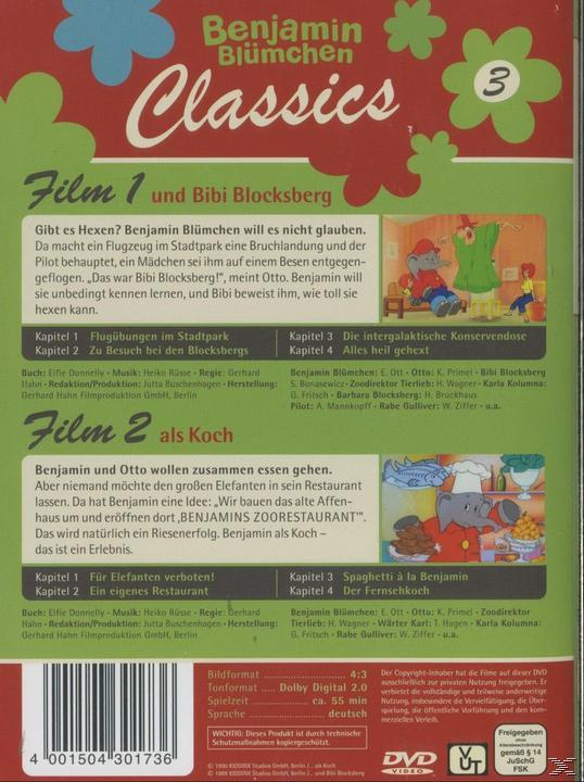 Rückseite einer Benjamin Blümchen Classics DVD-Hülle mit Text auf Deutsch.