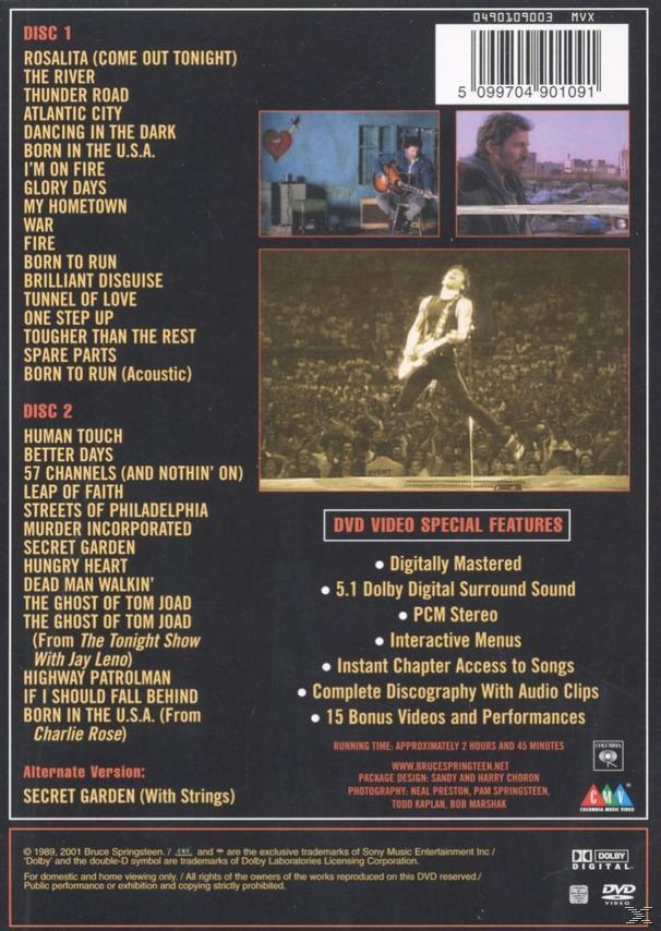 DVD-Rückseite mit Trackliste und Fotos von Bruce Springsteen bei Live-Auftritten.