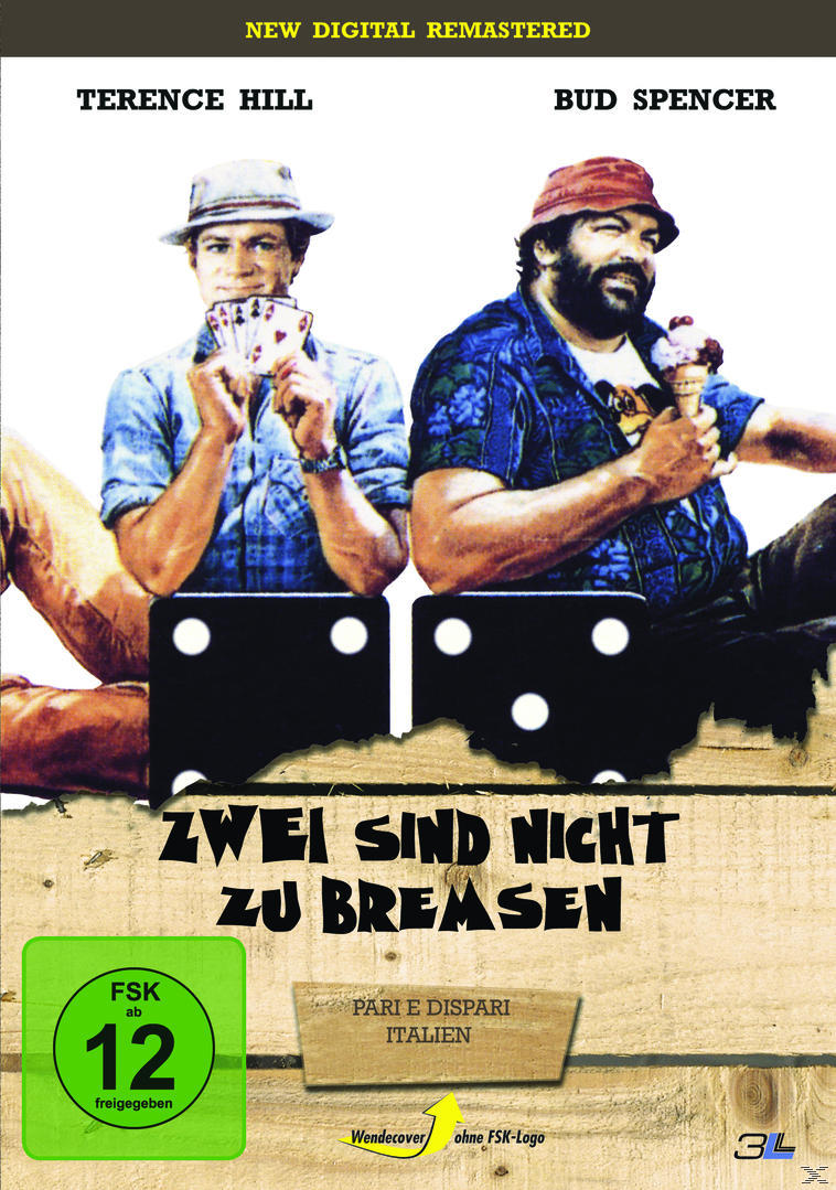 DVD-Cover mit zwei Männern, Titel 'Zwei sind nicht zu Bremsen'. Zwei Männer halten Dominosteine und Eiscreme.
