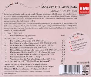 Rückseite von 'Mozart für mein Baby'. Text und Noten auf rosa Hintergrund.