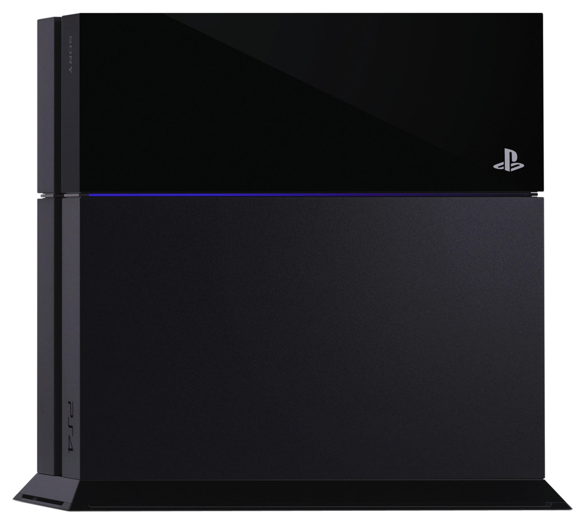 Schwarze Playstation 4 Konsole mit Lichtleiste und Playstation Logo.