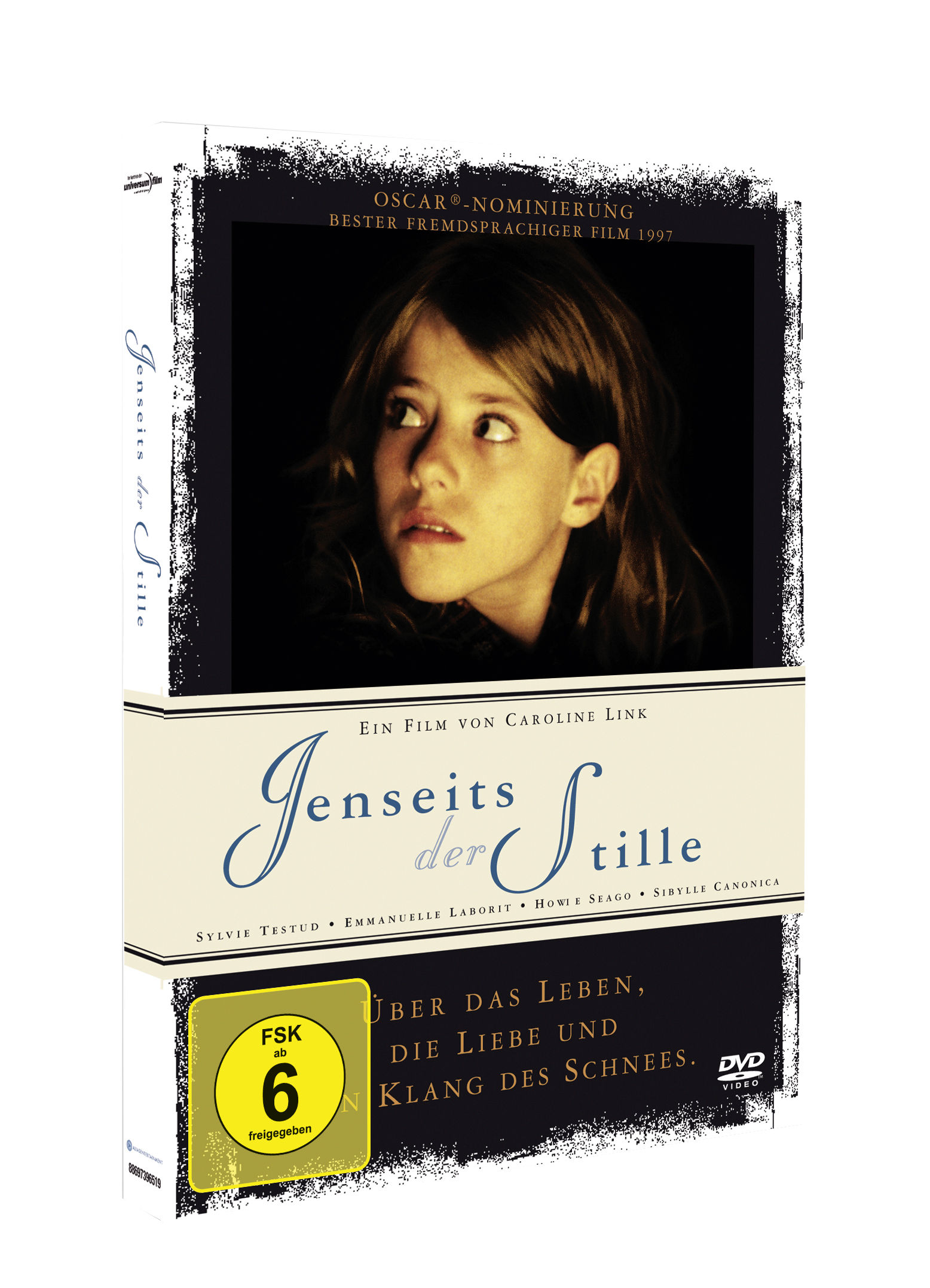 DVD-Cover von Jenseits der Stille. Ein Mädchen blickt mit besorgtem Ausdruck nach oben. Dunkler, verschwommener Hintergrund.