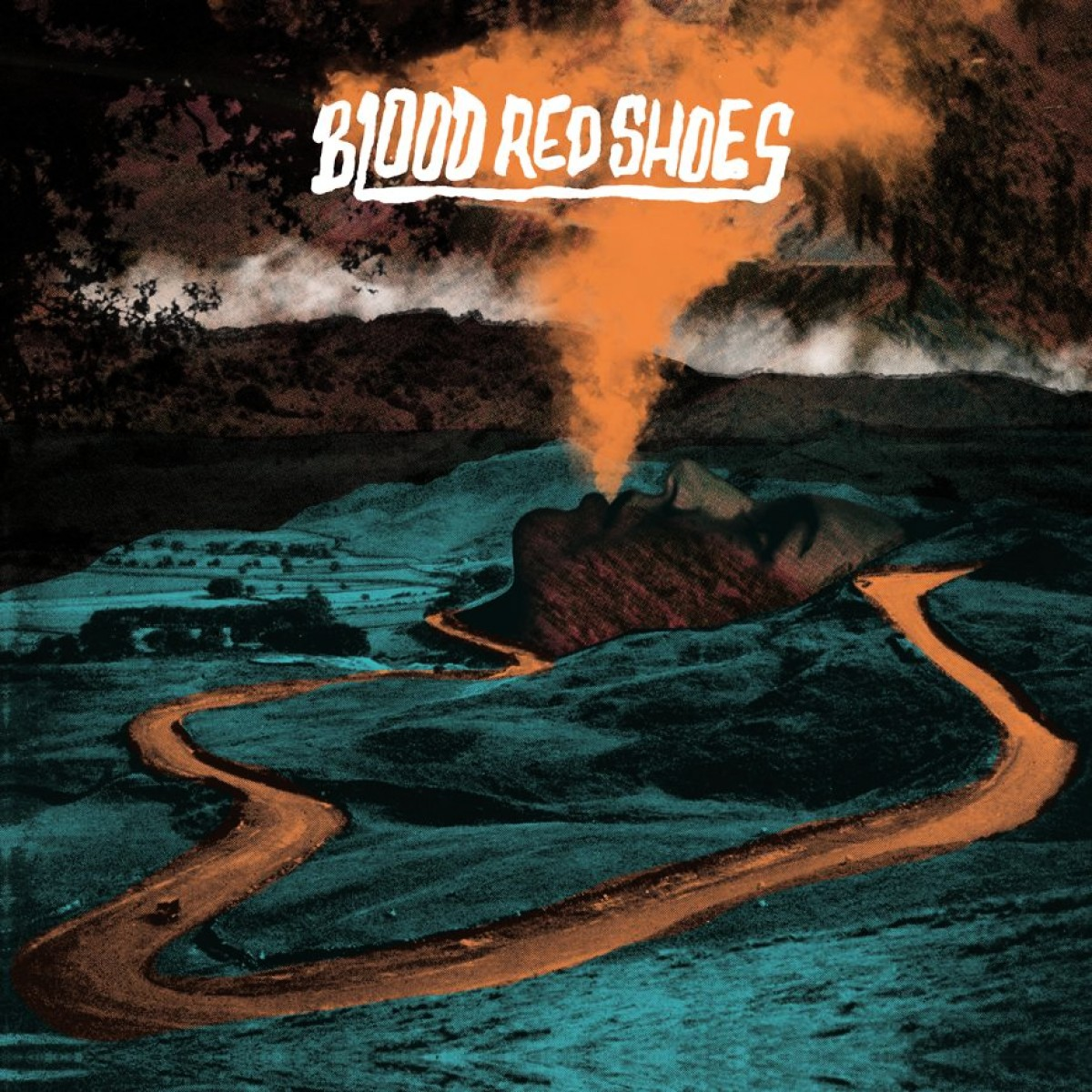 Albumcover mit surrealer Landschaft und Gesicht. Oranger Fluss und dunkler Hintergrund.