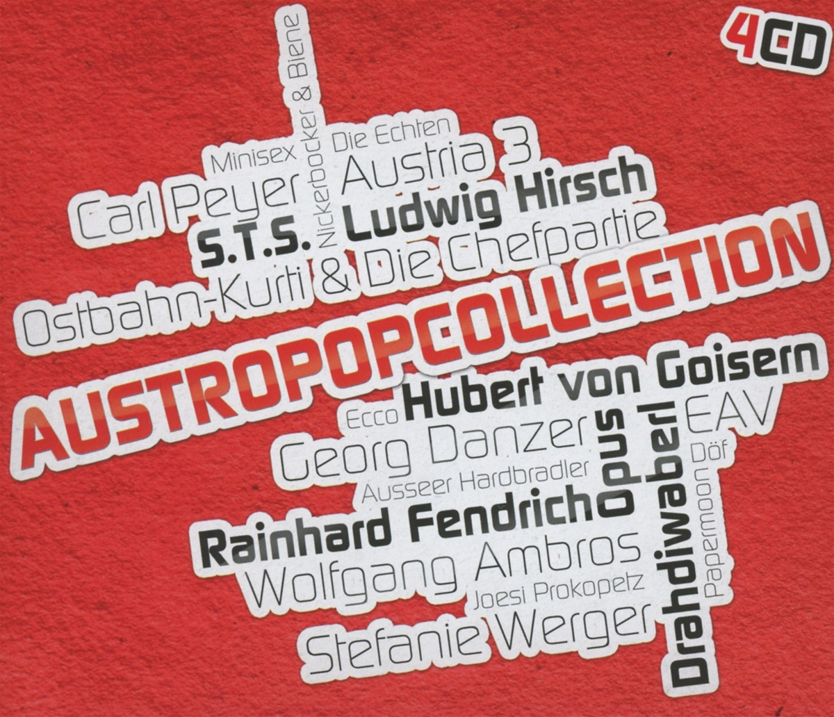 Austropop Collection CD-Cover. Textcollage in Weiß auf rotem Hintergrund. Viele Bandnamen sind sichtbar.