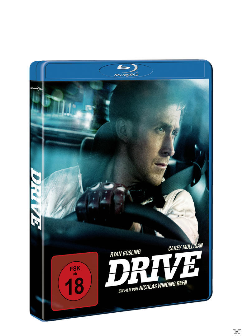 Blu-ray-Cover für 'Drive'. Ryan Gosling sitzt im Auto. Das Cover hat eine blaue Farbe.