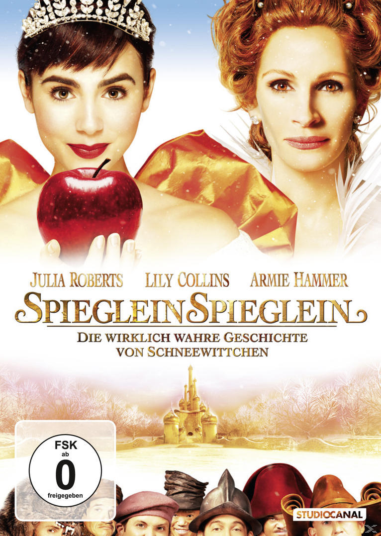Filmposter mit zwei Frauen, Lily Collins und Julia Roberts. Titel: Spiegelin Spiegelin.