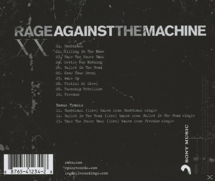 Rückseite eines Albums von RAGE AGAINST THE MACHINE. Enthält eine Titelliste und Album-Informationen.