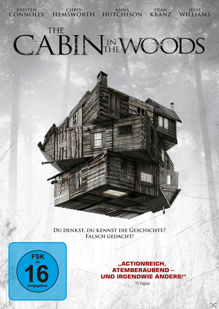 Das Cabin in the Woods DVD-Cover, mit einer gestapelten Holzhütten-Illustration.