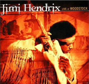 Jimi Hendrix Live at Woodstock Albumcover. Bild von Hendrix beim Gitarrespielen.