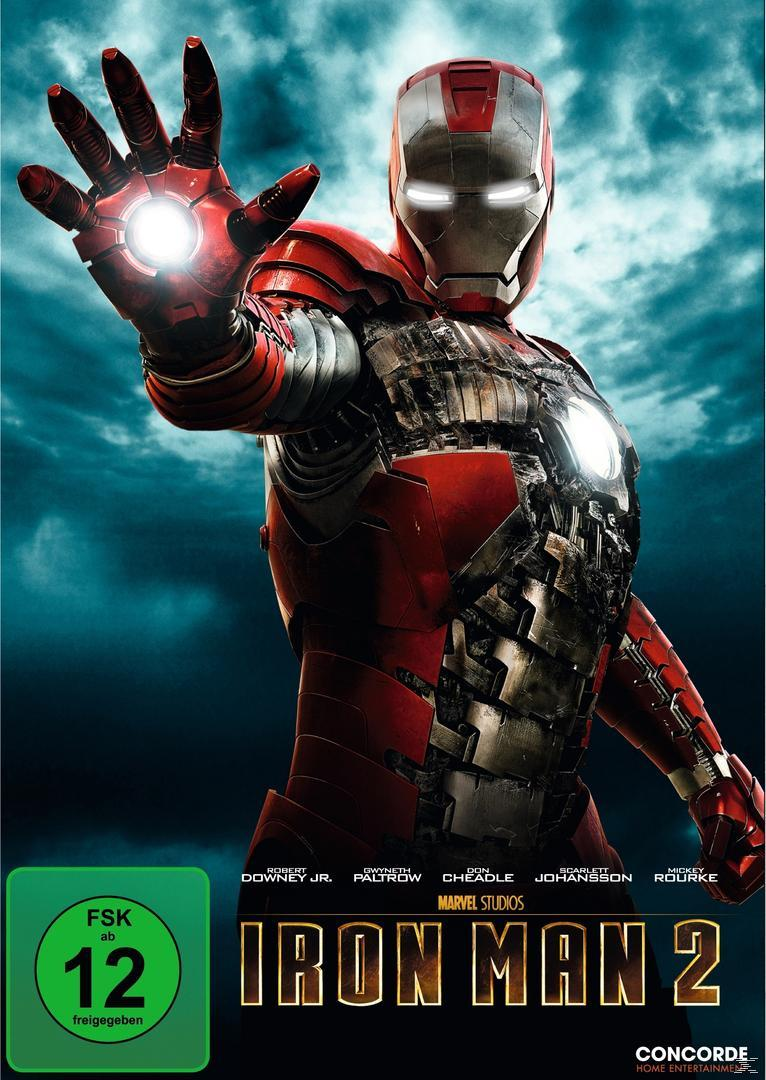 Iron Man 2 Filmcover. Iron Man in roter Rüstung, Arm ausgestreckt, mit blauem, bewölktem Hintergrund.