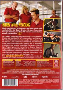 Filmplakat. Brad Pitt und George Clooney. Der Titel lautet 'Burn After Reading'.
