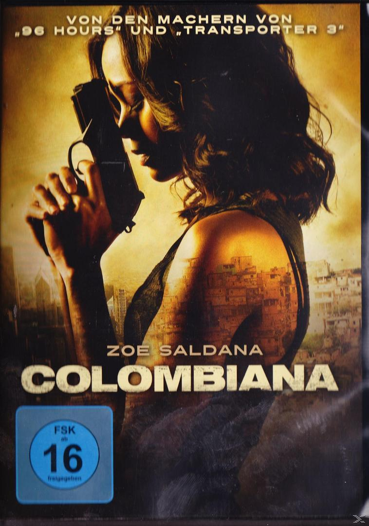 Filmcover mit Zoe Saldana, die eine Waffe hält. Der Titel lautet Colombiana.